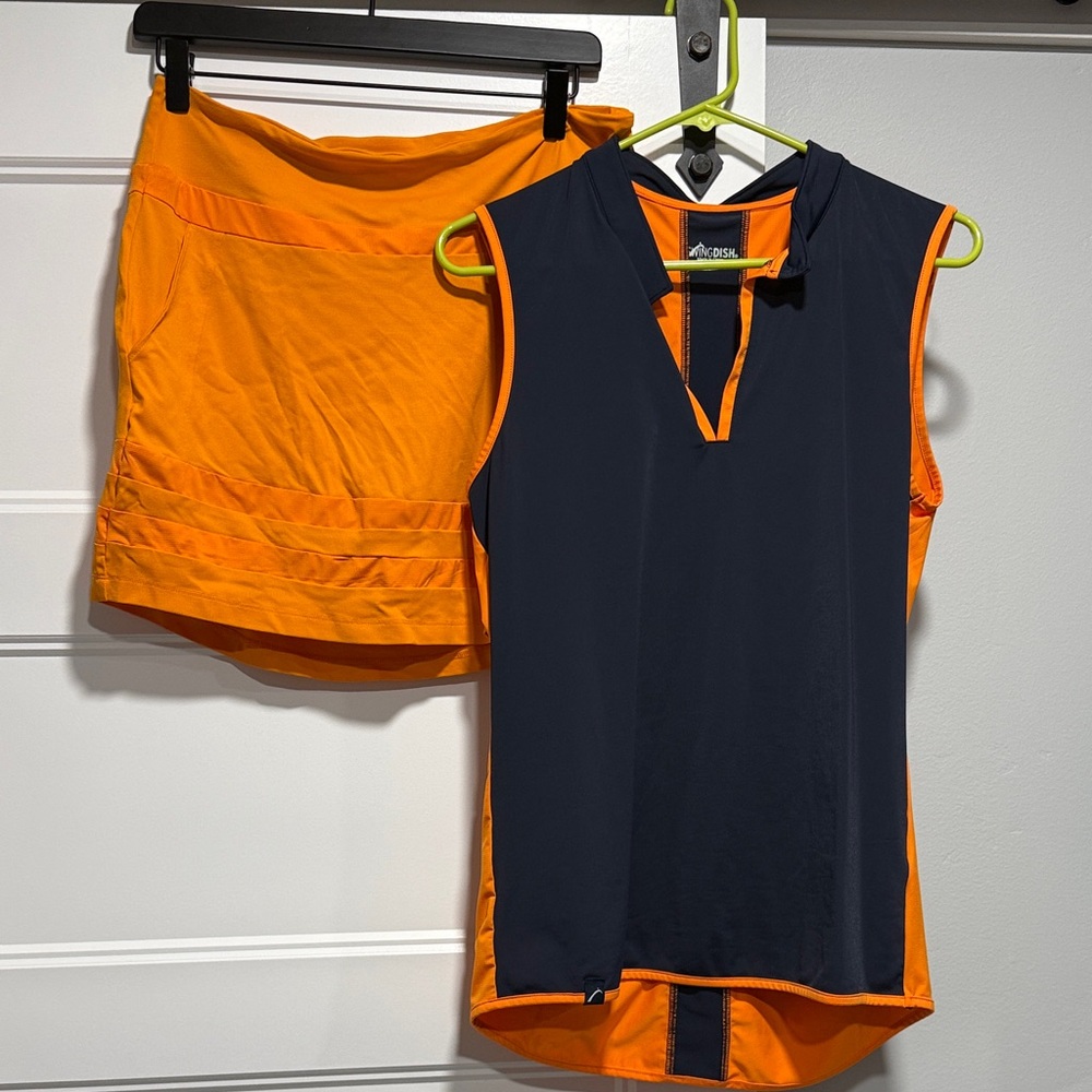 Stylish Orange and Navy women’s golf/pickleball Tank Top & matching golf skirt.